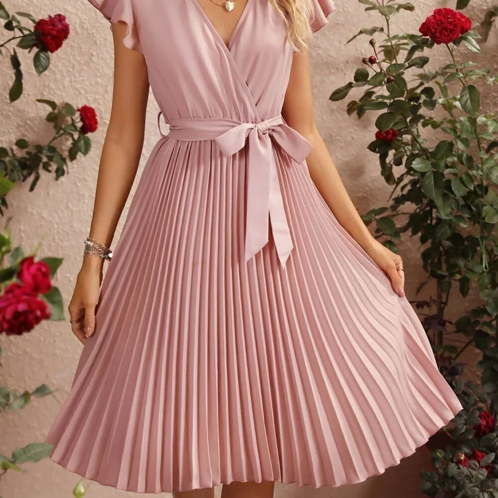 Dusty Pink Boho Womens Butterfly Sleeve Pleated Hem Dress